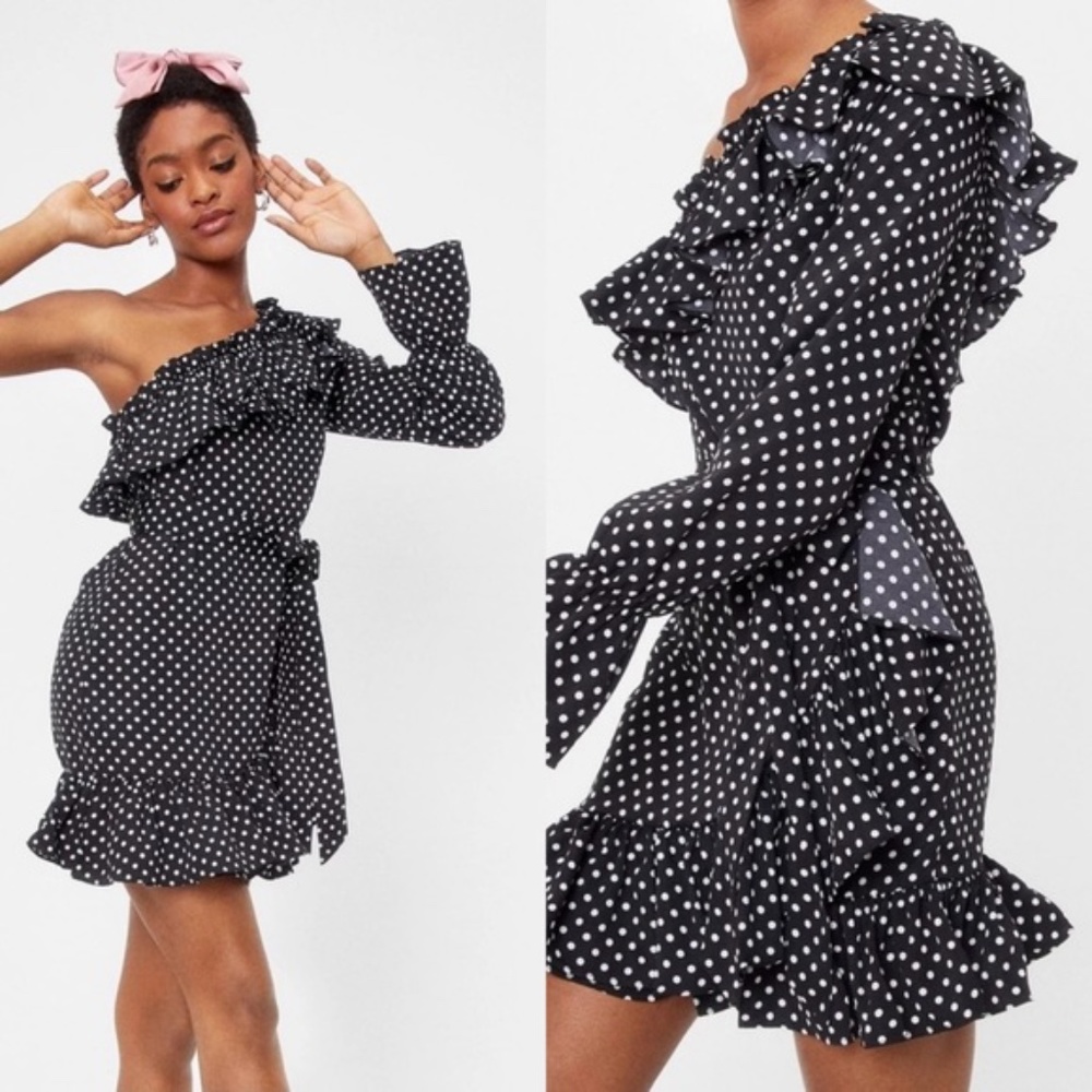 NASTY GAL Polka Dot Ruffle One Sleeve Mini Dress